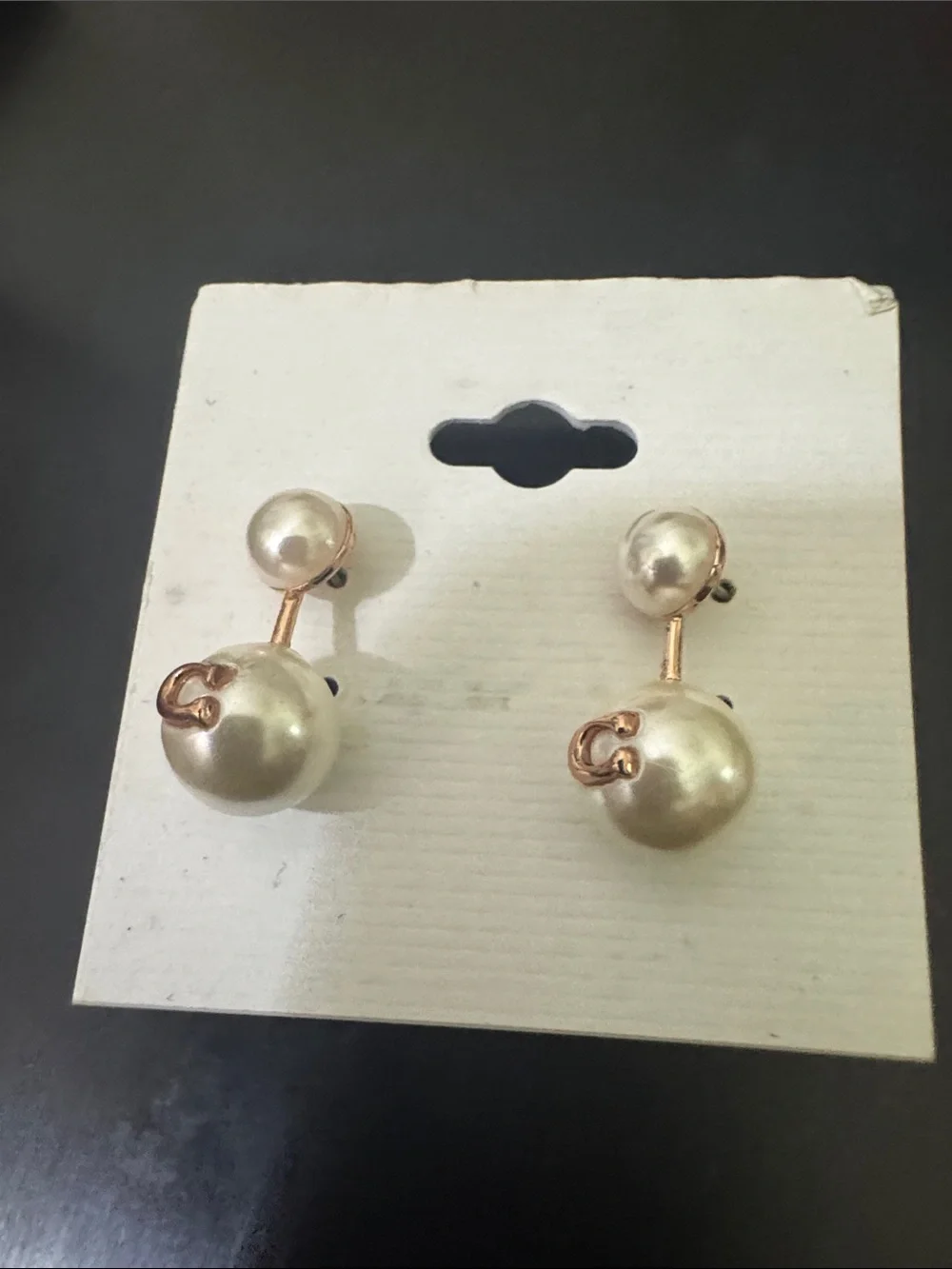 Elegant Coach Double Pearl Drop Earrings in Champagne Gold - Picture 2 of 4
